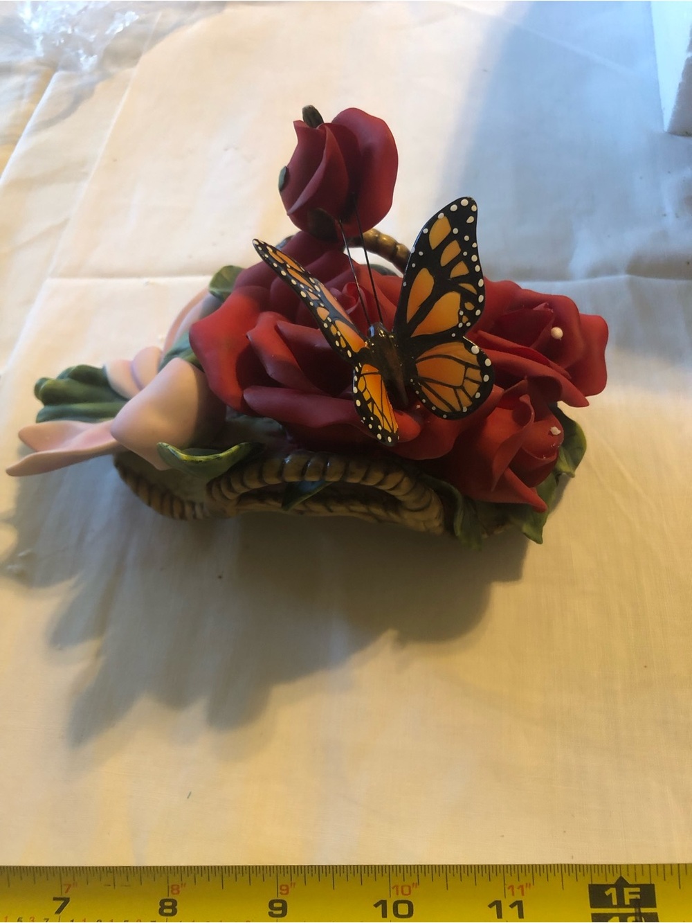 Decorative Red Rose Basket Accent with Orange Butterfly